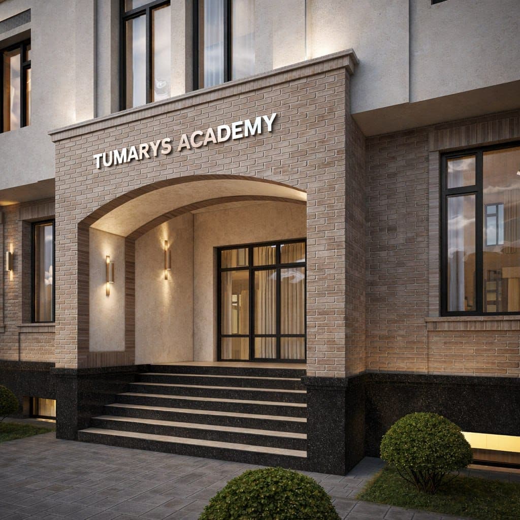 Главный вход: кирпичная арка, над ней рельефная надпись TUMARYS ACADEMY, по бокам тёплые светильники и широкая лестница от тротуара.